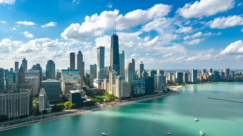 Aerial view of Chicago skyline along Lake Michigan 