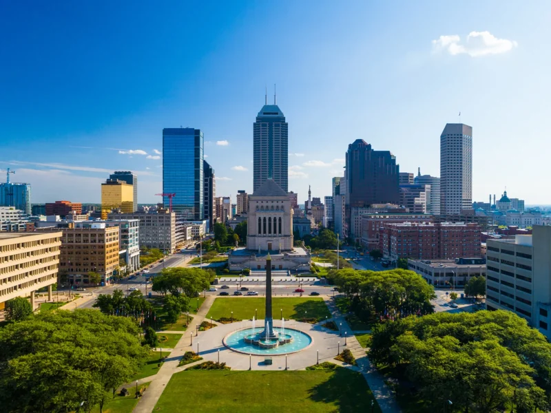 Indianapolis skyline with the Indiana World War Memorial and surrounding skyscrapers
