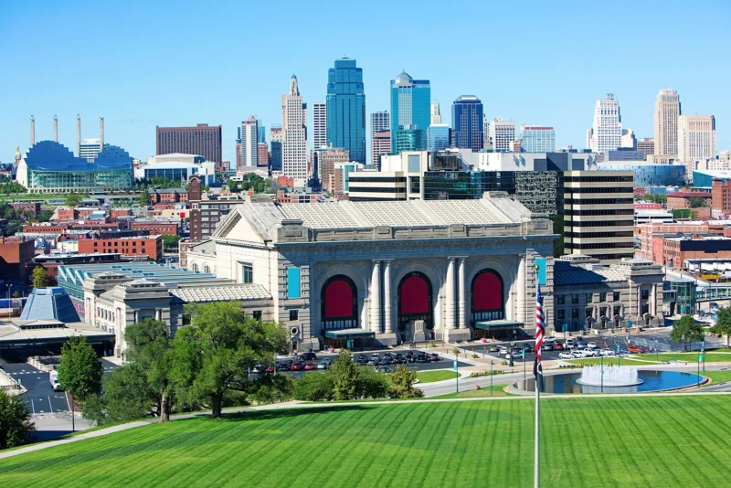 Kansas City skyline with Union Station in the foreground and modern skyscrapers in the background