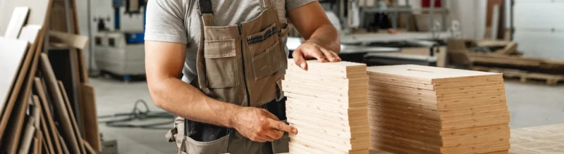 Carpenter inspecting stacked plywood sheets in a woodworking shop