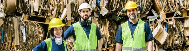 Three workers wearing safety gear and high-visibility vests standing in front of large stacks of compacted cardboard bales
