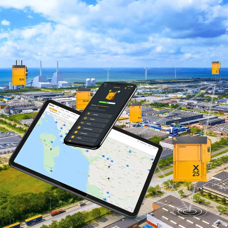 Connected Bramidan balers shown on map via BRA-IN software on smartphone and tablet