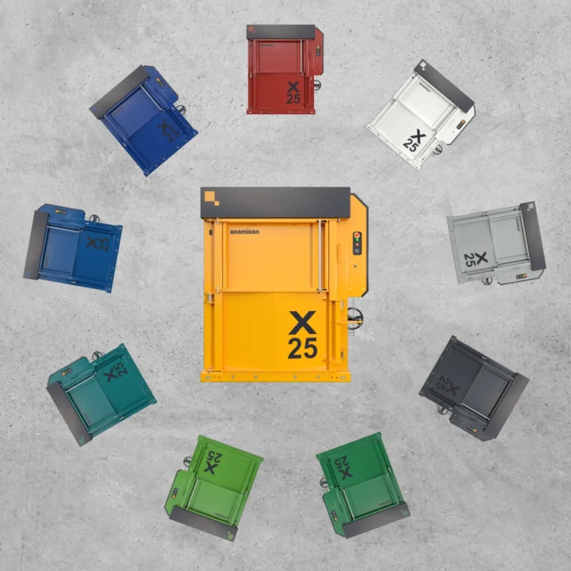 Bramidan X25 baler shown in multiple RAL colours, illustrating powder-coated finish options
