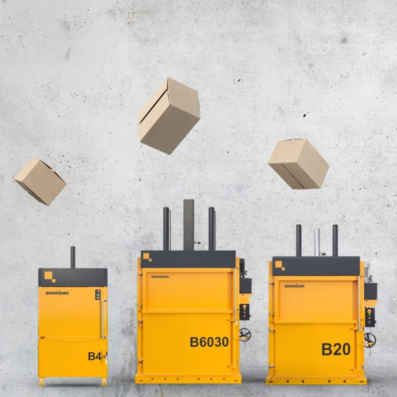 Bramidan B4 and B6030 balers in a warehouse with stacked cardboard boxes