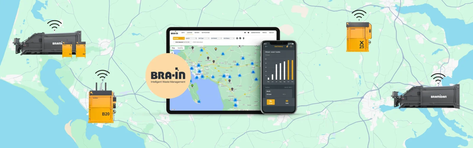 Hero BRA-IN - phone and tablet and balers and compactors on a map