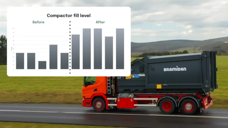 Truck driving on road with a loaded crusher. Fill level diagram overlaps picture.