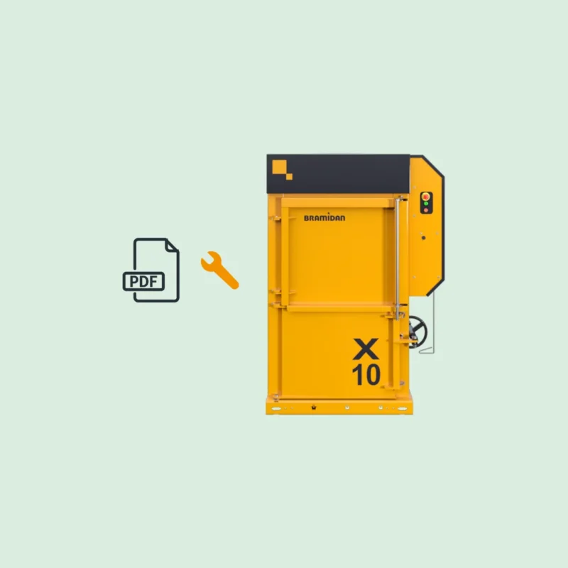 X10 baler on green background and PDF logo.