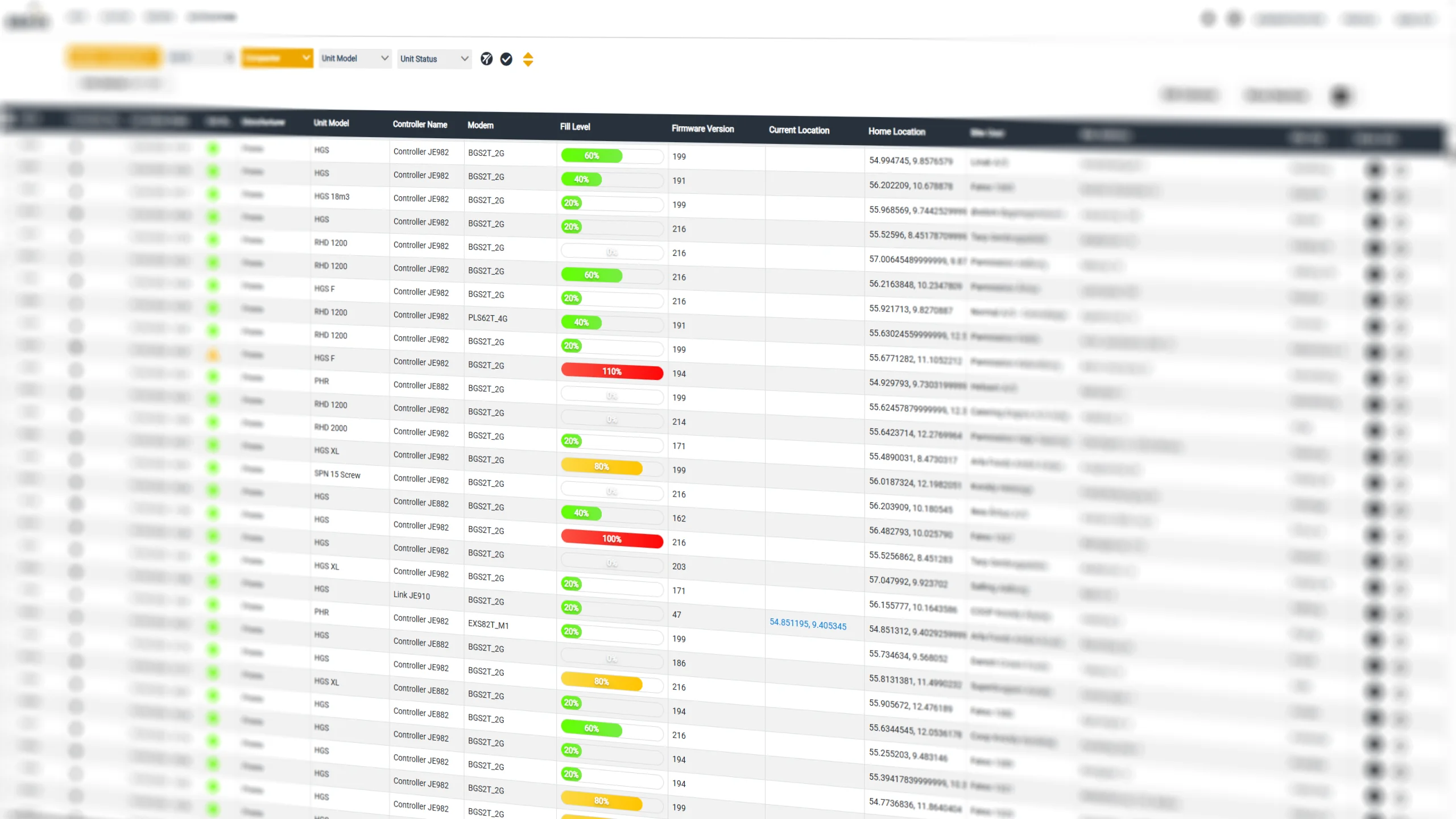 Screenshot of BRAIN portal for compactors showing fill levels.