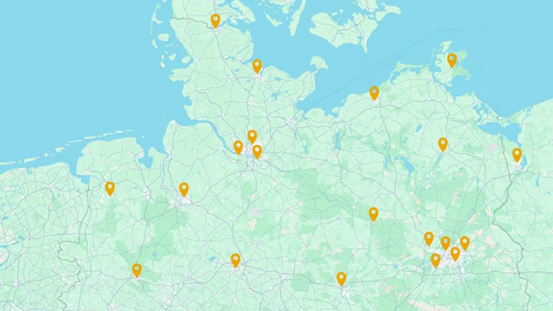 Map of Germany with pins across locations.