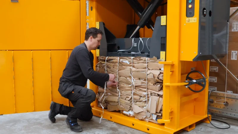 Baler operator is handling the finished bale.