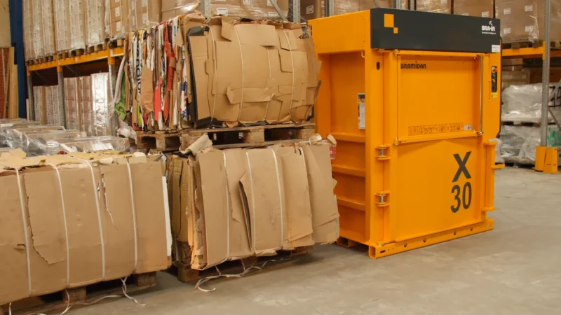 Yellow baler in warehouse with three finished bales in front.